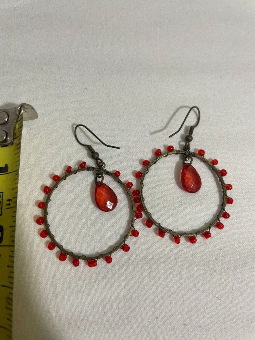 Red Beaded Hoop Dangle Earrings Bronze Tone Wire Wrapped Boho 2.5”